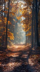 Autumn misty forest with light rays