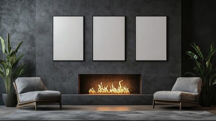 Three blank canvases displayed on a dark grey wall with a fireplace underneath in a cozy living room setting