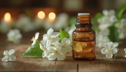Essential oil bottle with jasmine flowers on rustic wooden surface