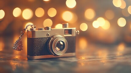 Charming vintage camera keychain displayed against a soft warm bokeh backdrop with festive elements