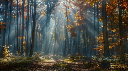 Fototapeta premium Autumn misty forest with light rays