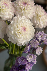 Bouquet with beautiful white dahlias in a vase indoors