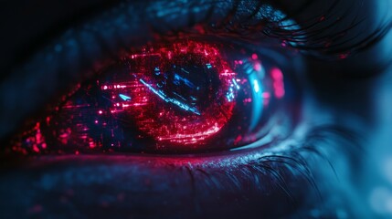 Close up of an eye with digital code reflecting in the pupil.