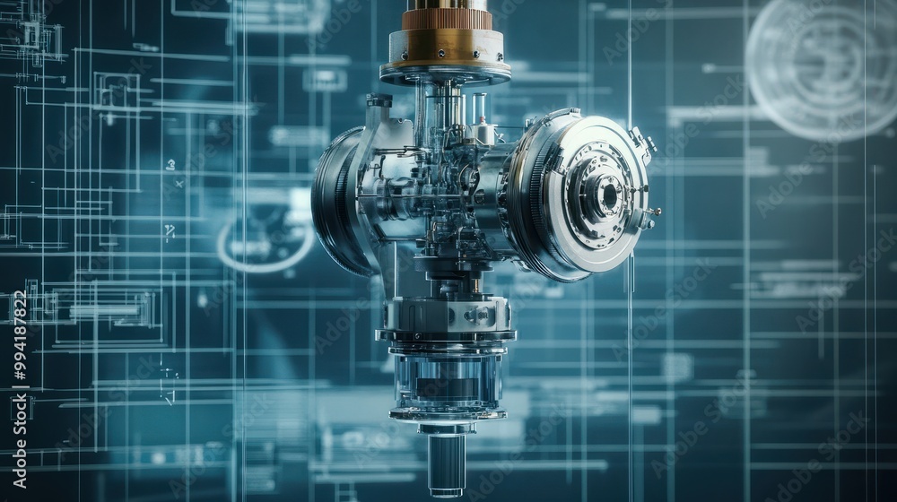 Aufkleber a precision-engineered mechanical device suspended in front of a technical blueprint background.