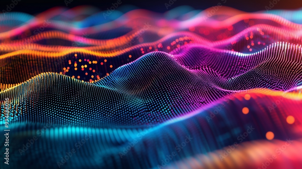 Poster a vibrant 3d scene harmonizes sound and light with colorful dots and intricate, weaving lines.