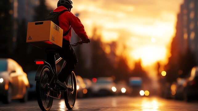 A delivery cyclist riding through the city during sunset, showcasing urban life and the gig economy in motion, highlighting the blend of nature and cityscapes.