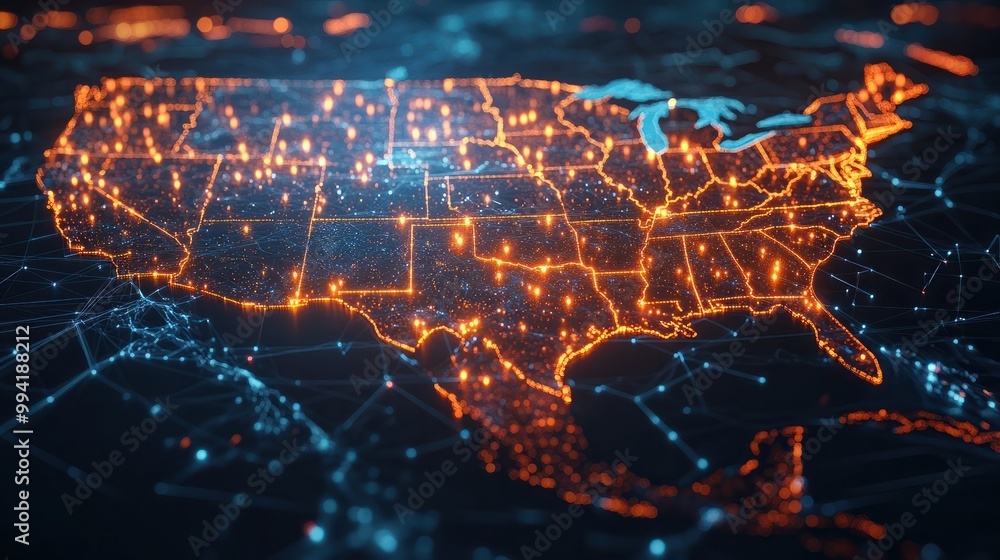 Poster a sophisticated 3d animation of a digital map of the usa, displaying interconnected data lines and g
