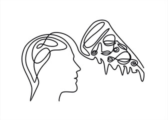 continuous stylized modern drawing of a human head and brain thinking about a pizza, thinking about food. Time to eat. flat vector linear illustration on a white background. 