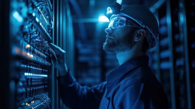 A technician with a headlamp in a dim server room, carefully following a complex wiring blueprint to troubleshoot a connection issue.