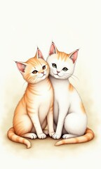 Obraz premium Adorable illustrated kittens cuddling together, perfect for pet-themed designs, greeting cards, or children's products.