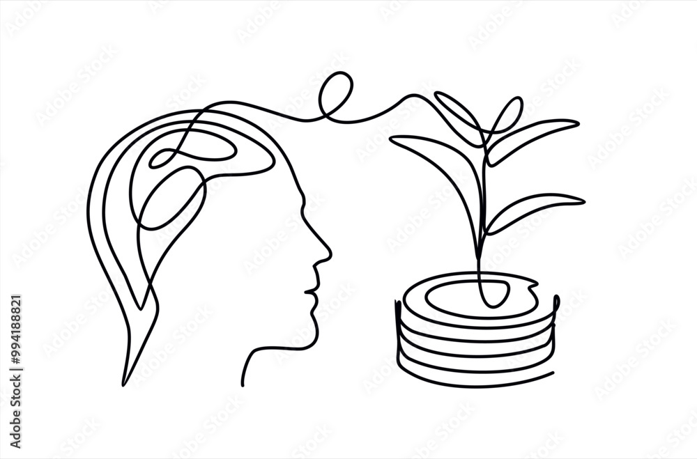 Poster continuous one line drawing of a human head and brain thinking about coins stack with leaves branch,