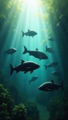 Fototapeta premium A serene underwater scene featuring schools of fish illuminated by soft rays of sunlight, perfect for nature, marine life, or tranquility-themed projects.
