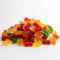 A large pile of colorful gummy bears, on a white background.