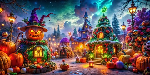 Fototapeta premium Enchanting Halloween and Christmas Fusion in a Whimsical, Spooky Wonderland of Fantasy Creatures