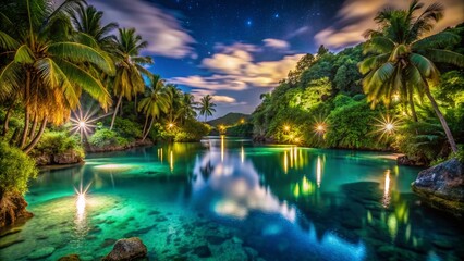 Enchanting Lagoon Surrounded by Lush Greenery and Crystal Clear Waters on a Tropical Island Paradise