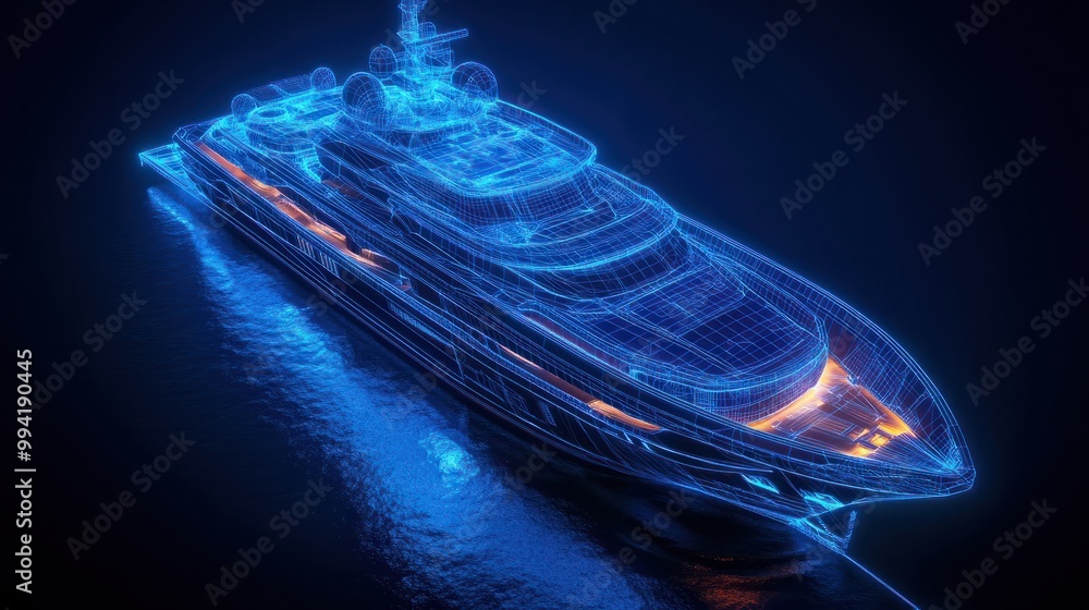 Aufkleber ai in yacht design optimizing performance and luxury features, highlighted with neon blueprints