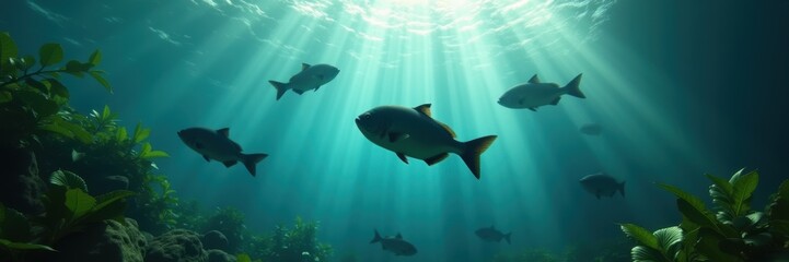Fototapeta premium Underwater scene capturing fish swimming through sunlit waters, surrounded by lush aquatic vegetation. Perfect for marine life themes and ocean conservation projects.