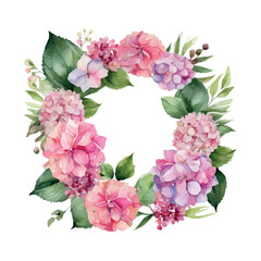 Watercolor frame of a hydrangea flower with leaves isolated on a white background