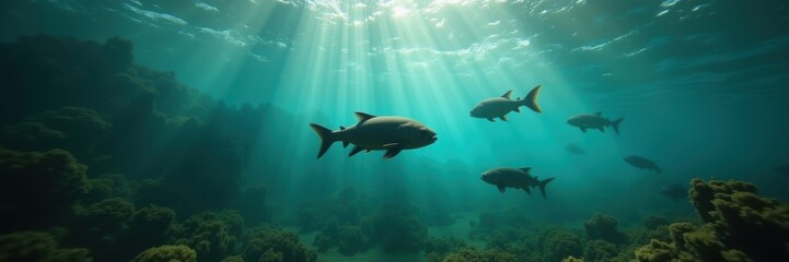 Fototapeta premium A serene underwater scene featuring schools of fish gliding through sunlit water, showcasing the beauty and tranquility of the ocean ecosystem.
