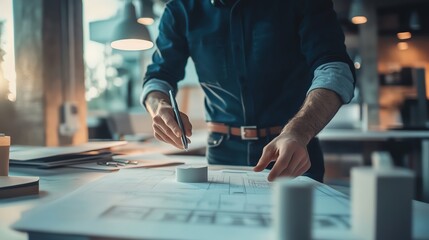 Obraz premium A focused professional working on architectural plans at a desk surrounded by design tools, showcasing creativity and dedication in a modern workspace.