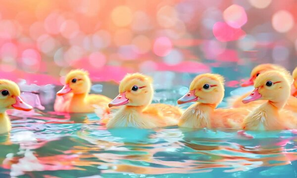 Charming ducklings paddle gracefully in shimmering water under a warm sunset glow