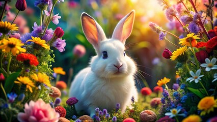 Fototapeta premium Enchanting White Rabbit Surrounded by Colorful Flowers in a Whimsical Wonderland Setting