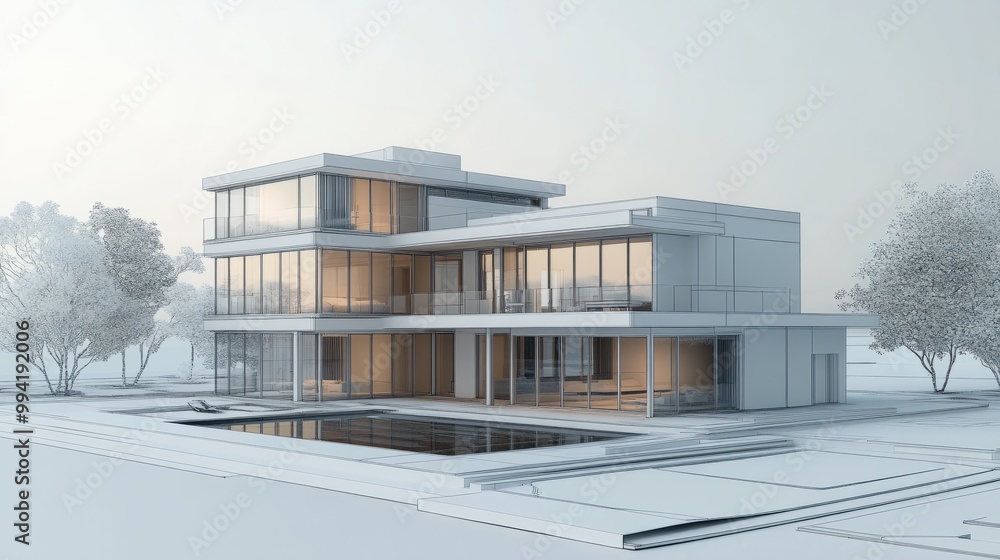 Poster architecture of a 3d model house project with blueprint