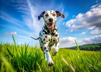 Energetic Dalmatian Dog Running Through a Beautiful Green Field Under a Clear Blue Sky