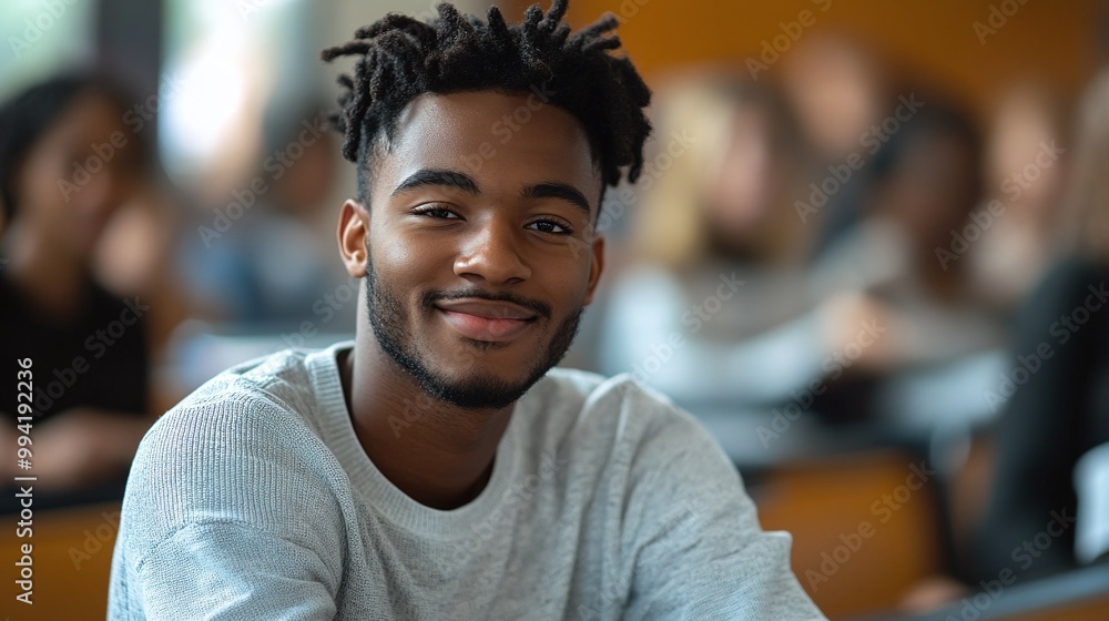 Poster happy black university student attending lecture in a classroom and looking at the camera while stud