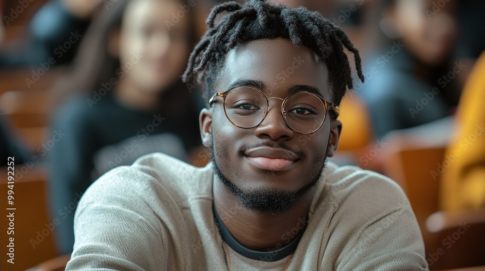 Aufkleber happy black university student attending lecture in a classroom and looking at the camera while stud