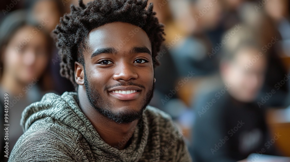 Poster happy black university student attending lecture in a classroom and looking at the camera while stud