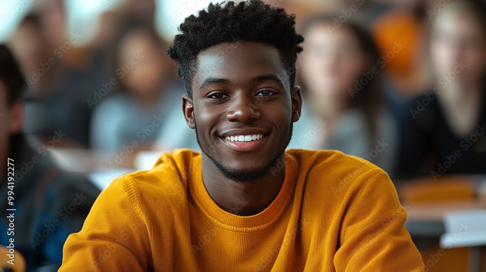 Poster happy black university student attending lecture in a classroom and looking at the camera while stud