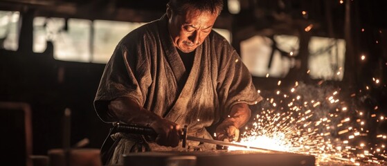 Japanese Blacksmith Crafting a Katana with Sparks Flying