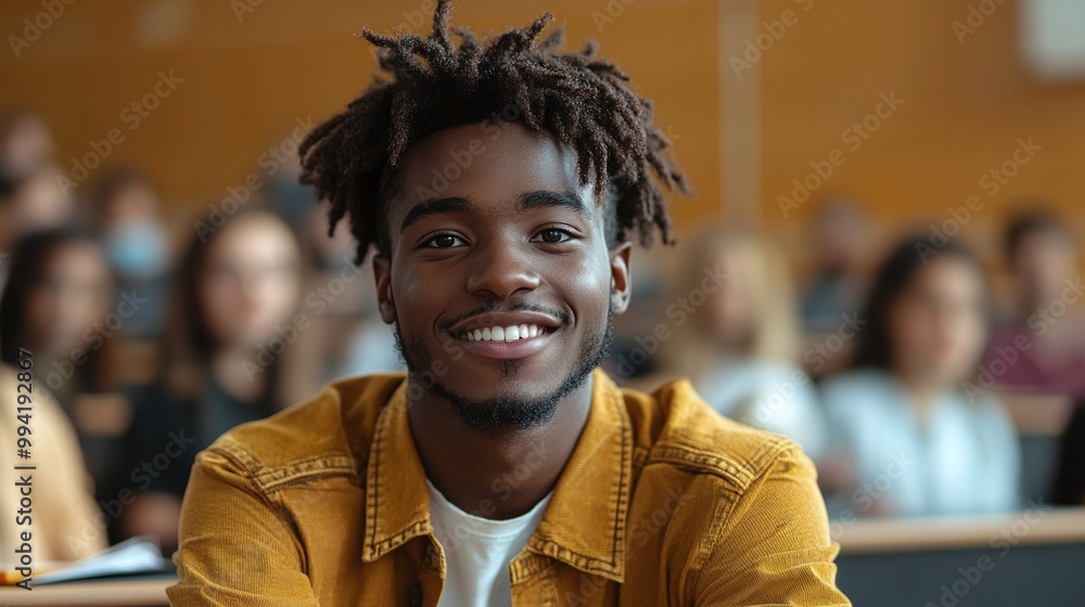Poster happy black university student attending lecture in a classroom and looking at the camera while stud