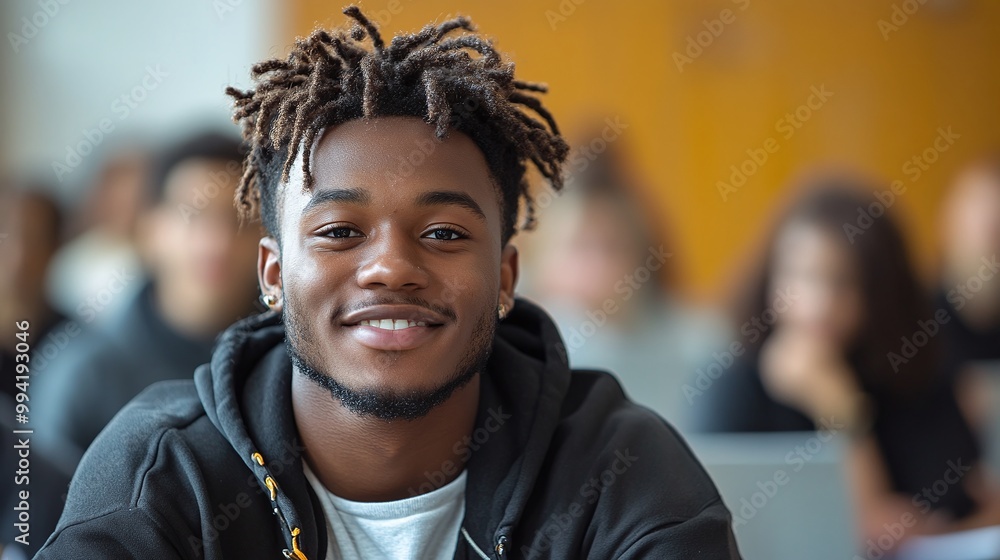 Poster happy black university student attending lecture in a classroom and looking at the camera while stud