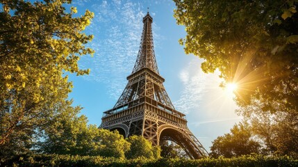 View of the Eiffel Tower surrounded by lush green trees under a clear blue sky during late afternoon in Paris