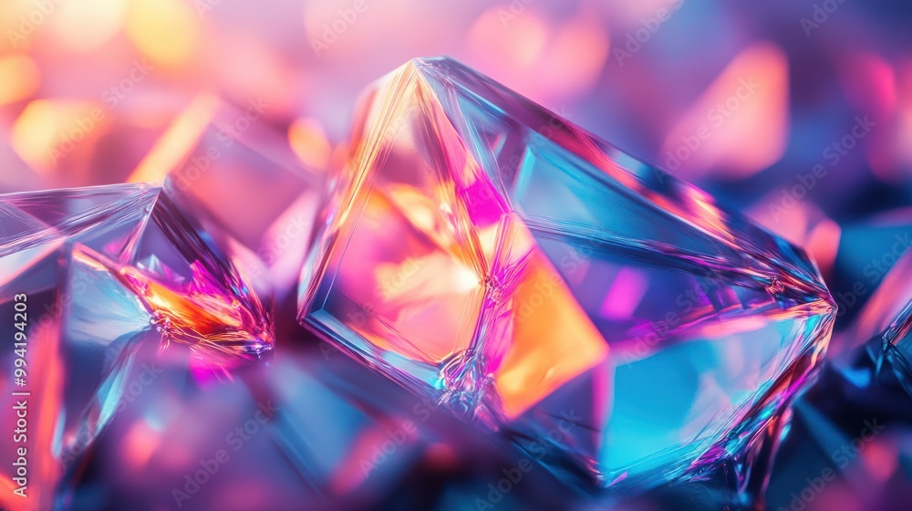 Poster close up horizontal image of a transparent geometrical glowing abstract shapes
