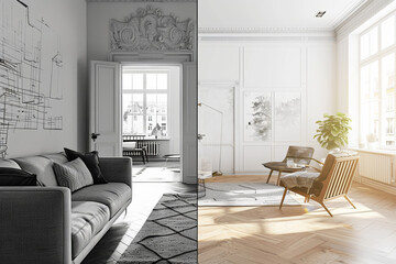 Before-and-after split-screen images illustrating the renovation concept, showcasing an old vintage apartment in a state of disrepair before and its transformation after refurbishment.