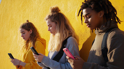 Teenagers using smartphones while sitting against a bright yellow wall, casual modern lifestyle capturing youth technology and digital communication in an outdoor urban setting
