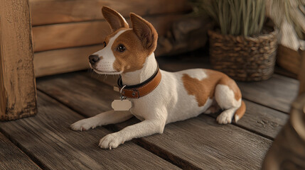 A small, lying dog with brown and white fur rests on a wooden floor next to decorative items in a cozy setting.