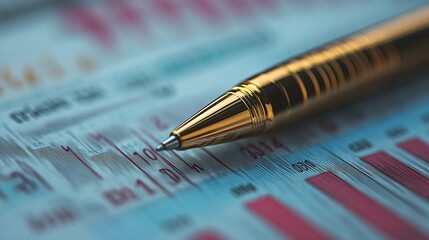 close up of a pen on a financial graph with numbers showcasing business data analysis and market trends for corporate financial planning and investment strategies