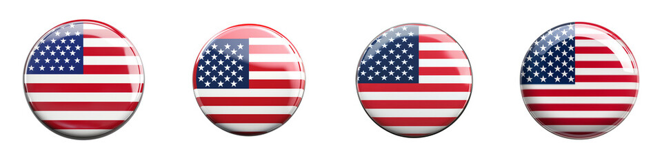 set of A The USA flag on the front of a round, glossy pinback button isolated on a transparent background