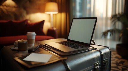 Fototapeta premium A modern workspace in a cozy hotel room, featuring a laptop, coffee, and stationery on a suitcase, with soft lighting and an inviting atmosphere.