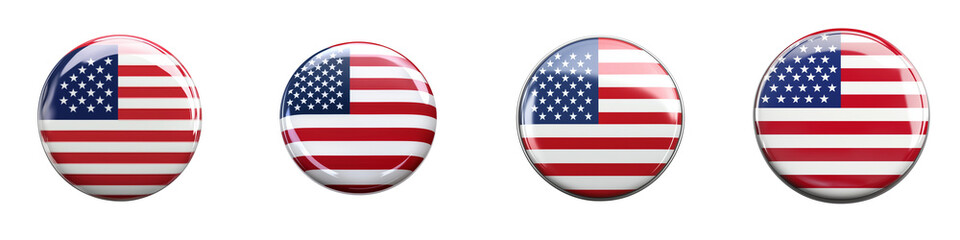 set of A The USA flag on the front of a round, glossy pinback button isolated on a transparent background