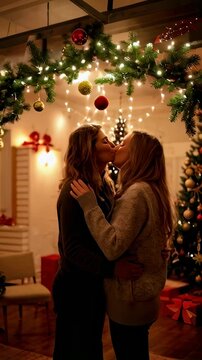 LGBT couple kissing under mistletoe with Christmas decorations
