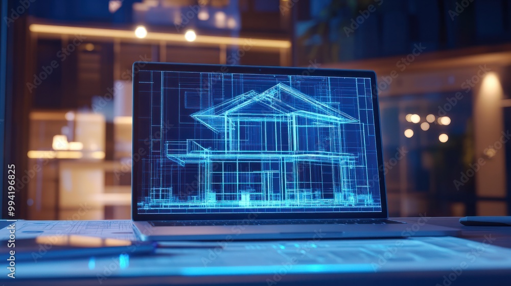Aufkleber digital blueprint by architecture design software on laptop screen with documents and blueprint layo