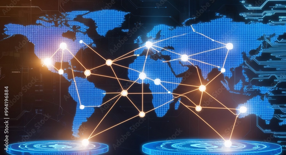 Poster global network connectivity: a futuristic world map showcasing interconnected nodes, symbolizing glo