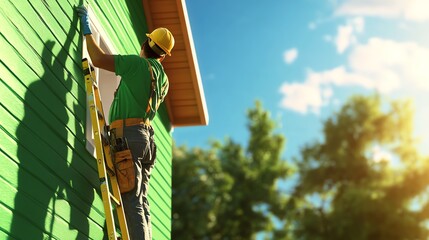 A painter is working efficiently on a green house exterior, using a ladder under bright sunlight. The scene reflects professionalism and dedication to home improvement.