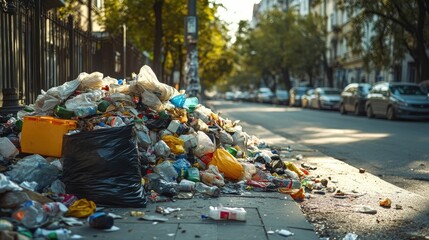 Pile of garbage on a sidewalk in an urban environment