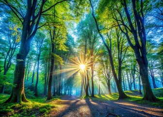 Obraz premium Ethereal Blue Sunlight Streaming Through Trees in a Serene Natural Environment During Daylight Hours